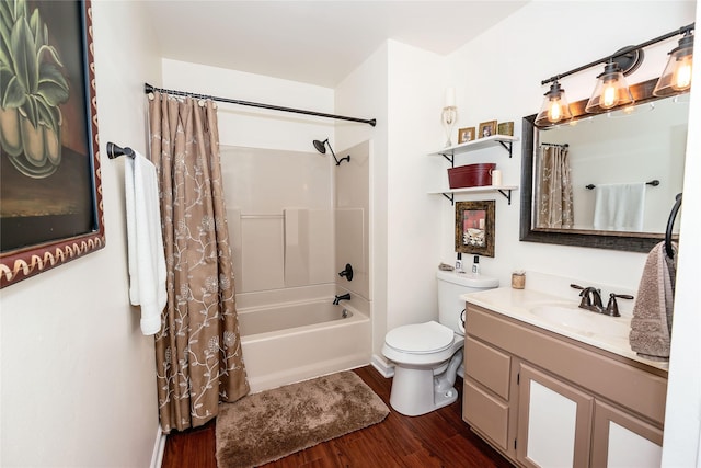 full bathroom featuring toilet, wood-type flooring, vanity, and shower / tub combo with curtain