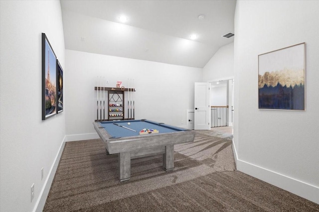 recreation room with carpet flooring, vaulted ceiling, and billiards