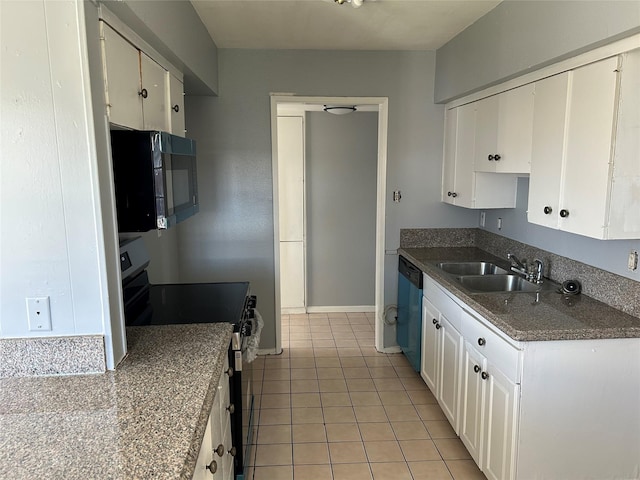 kitchen featuring white cabinets, sink, light tile patterned flooring, and black appliances