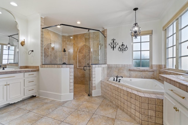 bathroom with vanity, separate shower and tub, crown molding, and a wealth of natural light