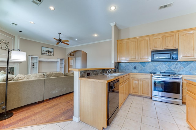 kitchen with kitchen peninsula, crown molding, black appliances, light tile patterned floors, and light brown cabinets