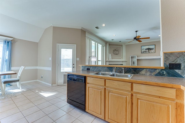 kitchen featuring decorative backsplash, sink, ceiling fan, and black dishwasher