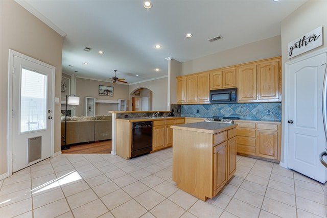 kitchen with kitchen peninsula, backsplash, ceiling fan, black appliances, and light tile patterned floors