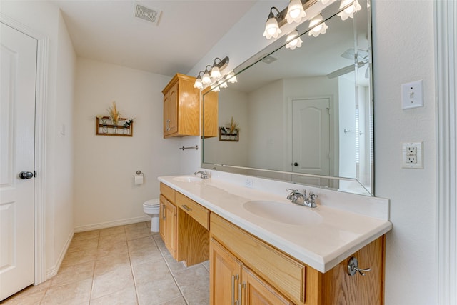 bathroom featuring tile patterned floors, ceiling fan, vanity, and toilet