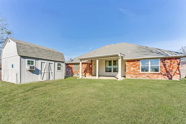 back of property featuring a lawn, cooling unit, a patio, and a storage shed