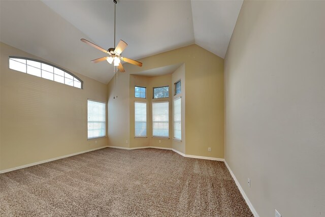 unfurnished room with carpet floors, ceiling fan, and lofted ceiling