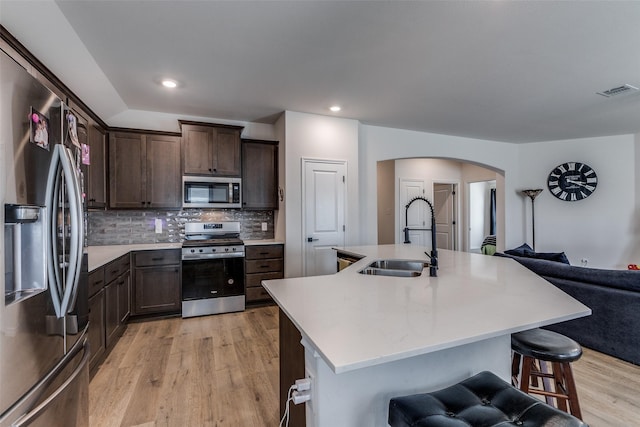 kitchen featuring decorative backsplash, a kitchen bar, stainless steel appliances, sink, and an island with sink