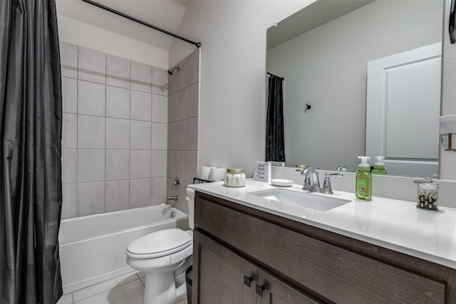 full bathroom featuring tile patterned flooring, vanity, shower / bath combination with curtain, and toilet