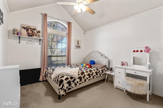 bedroom featuring ceiling fan, light carpet, lofted ceiling, and ornamental molding