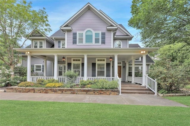 view of front of home with a porch and a front lawn