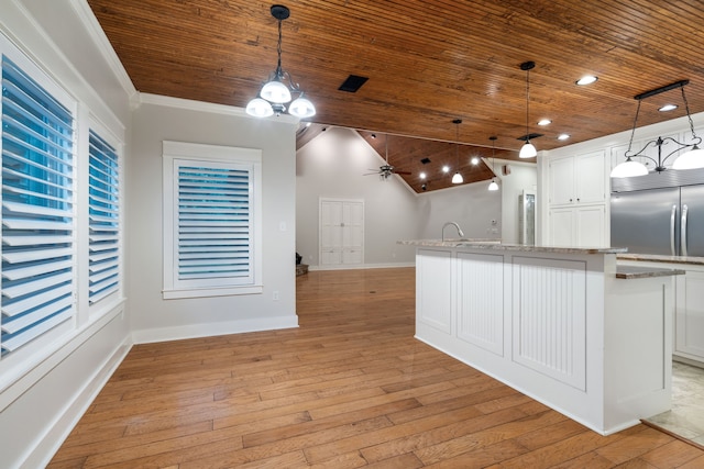 kitchen with decorative light fixtures, white cabinetry, ceiling fan, and wooden ceiling