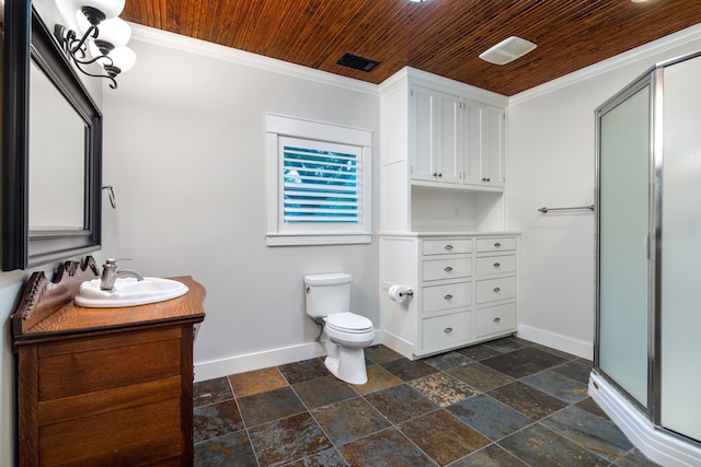 bathroom featuring vanity, a shower with door, toilet, ornamental molding, and wood ceiling