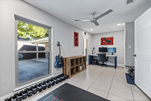 office area featuring ceiling fan and light tile patterned floors