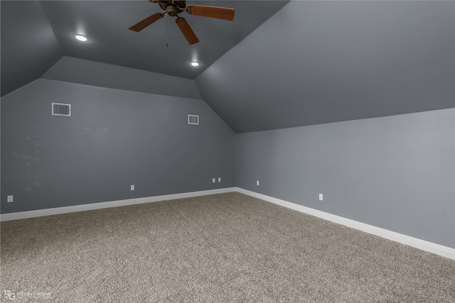 bonus room with ceiling fan, carpet floors, and lofted ceiling