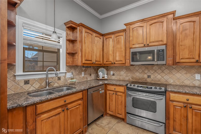 kitchen featuring sink, dark stone countertops, decorative backsplash, light tile patterned floors, and appliances with stainless steel finishes