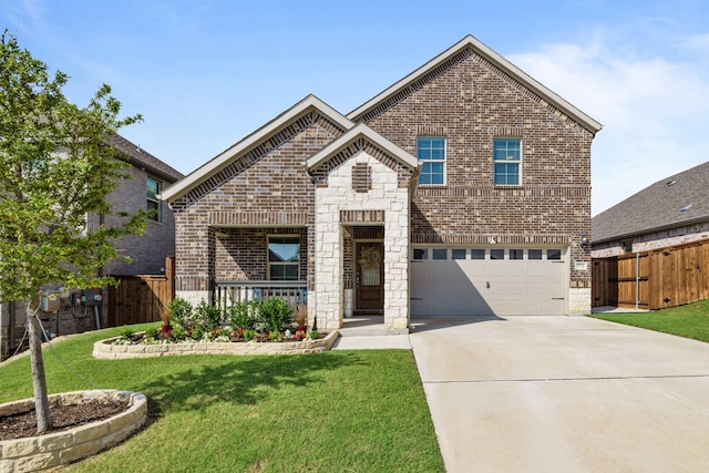 view of front property with covered porch, a garage, and a front lawn