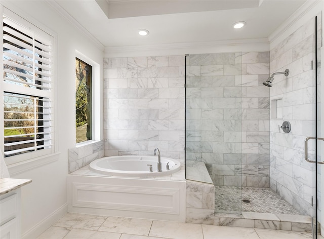 bathroom featuring vanity, crown molding, and independent shower and bath