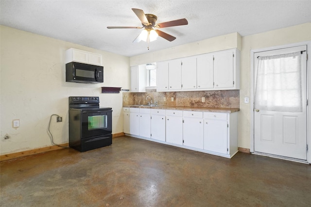 kitchen with white cabinetry, sink, ceiling fan, decorative backsplash, and black appliances