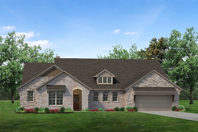 view of front of property featuring brick siding, driveway, stone siding, a front yard, and an attached garage