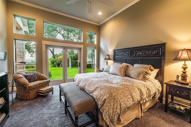 carpeted bedroom with access to exterior, a towering ceiling, ceiling fan, and crown molding