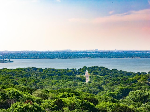 aerial view at dusk featuring a water view