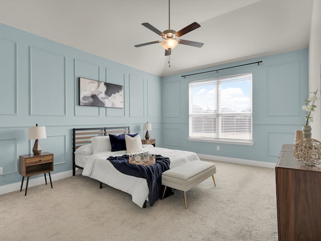 bedroom featuring ceiling fan and light colored carpet