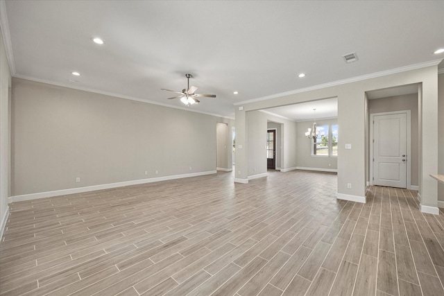 unfurnished living room with ceiling fan with notable chandelier, ornamental molding, and light hardwood / wood-style floors