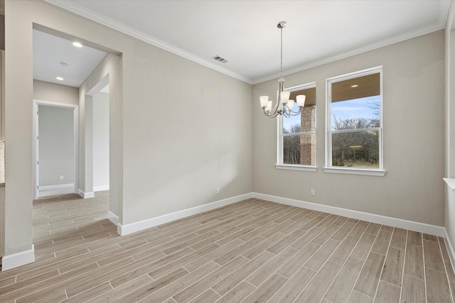 empty room with light hardwood / wood-style floors, ornamental molding, and a notable chandelier