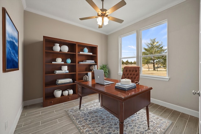 home office featuring ceiling fan and crown molding