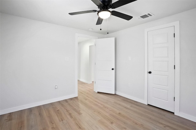 unfurnished bedroom featuring ceiling fan and light hardwood / wood-style flooring