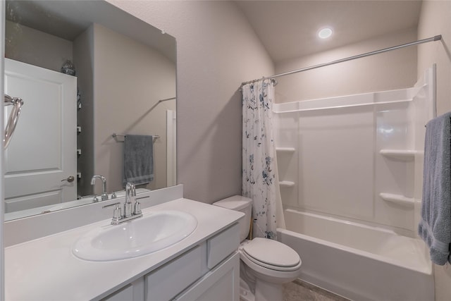 full bathroom with vanity, toilet, and shower / bathtub combination with curtain