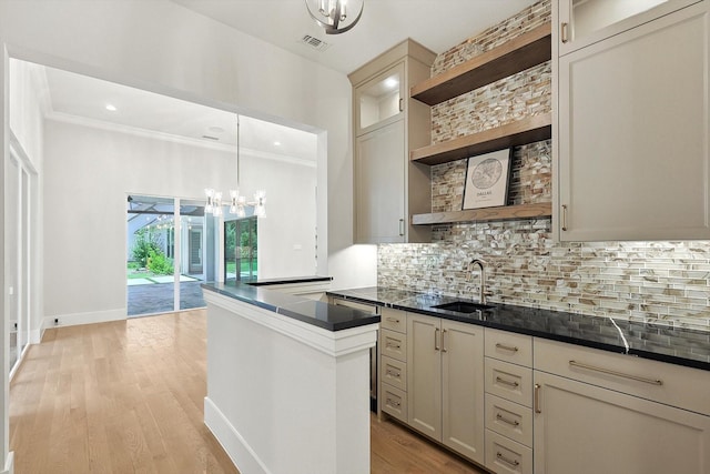 kitchen with light hardwood / wood-style floors, pendant lighting, sink, cream cabinets, and tasteful backsplash