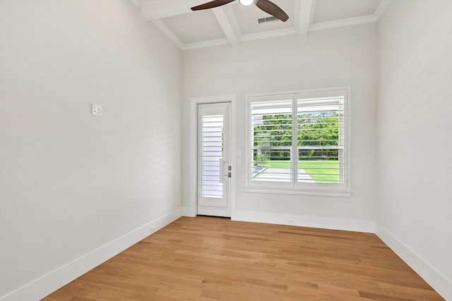 interior space with beam ceiling, ceiling fan, and light hardwood / wood-style floors