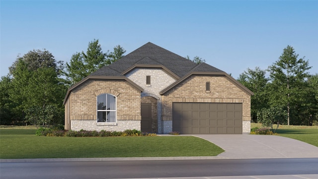 french country inspired facade featuring a garage and a front yard