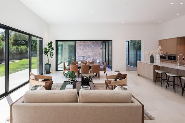 living room featuring a high ceiling and sink