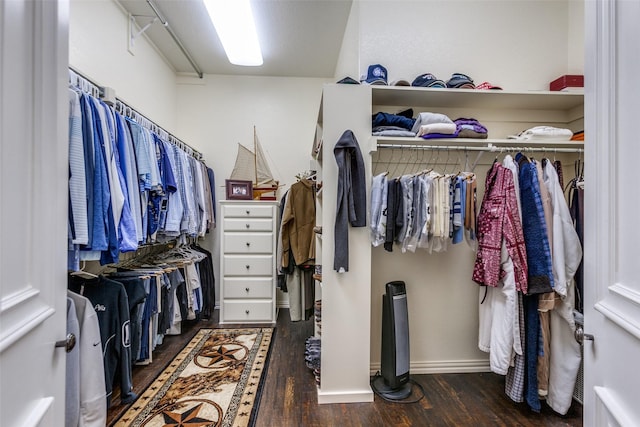 spacious closet with dark hardwood / wood-style flooring