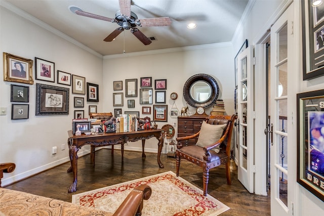 home office with ceiling fan, french doors, crown molding, and dark hardwood / wood-style floors