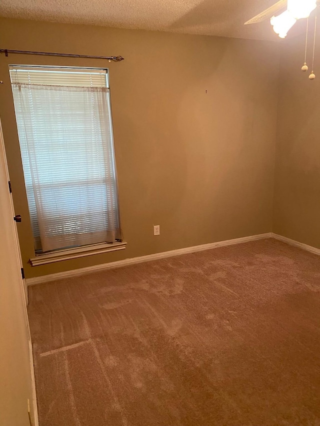 empty room featuring ceiling fan, carpet, and a textured ceiling