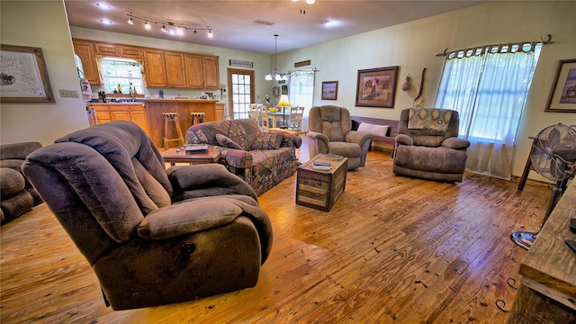 living room with light hardwood / wood-style floors, rail lighting, a wealth of natural light, and a chandelier