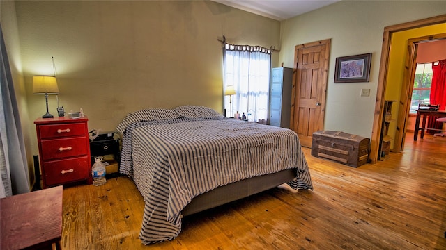 bedroom featuring multiple windows and light hardwood / wood-style flooring