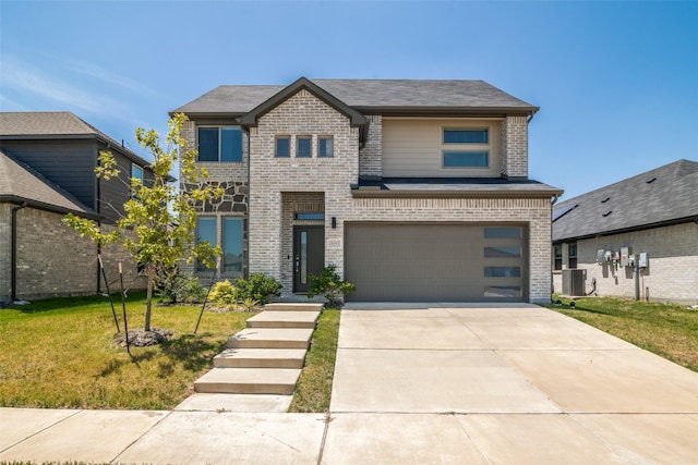 view of front facade featuring a garage, a front lawn, and cooling unit