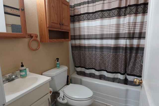 full bathroom with vanity, toilet, and shower / bathtub combination with curtain