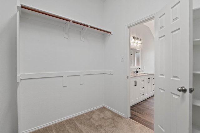 spacious closet with light colored carpet and sink