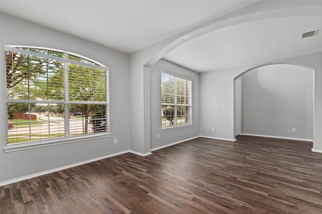 unfurnished room with dark wood-type flooring and a healthy amount of sunlight