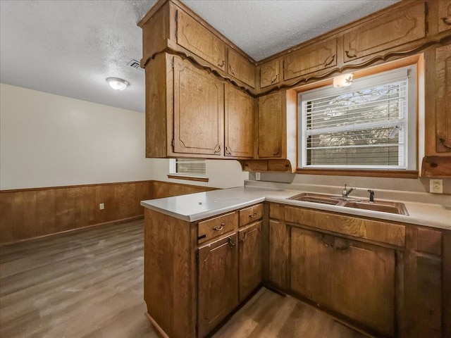 kitchen featuring sink, hardwood / wood-style floors, a textured ceiling, and kitchen peninsula