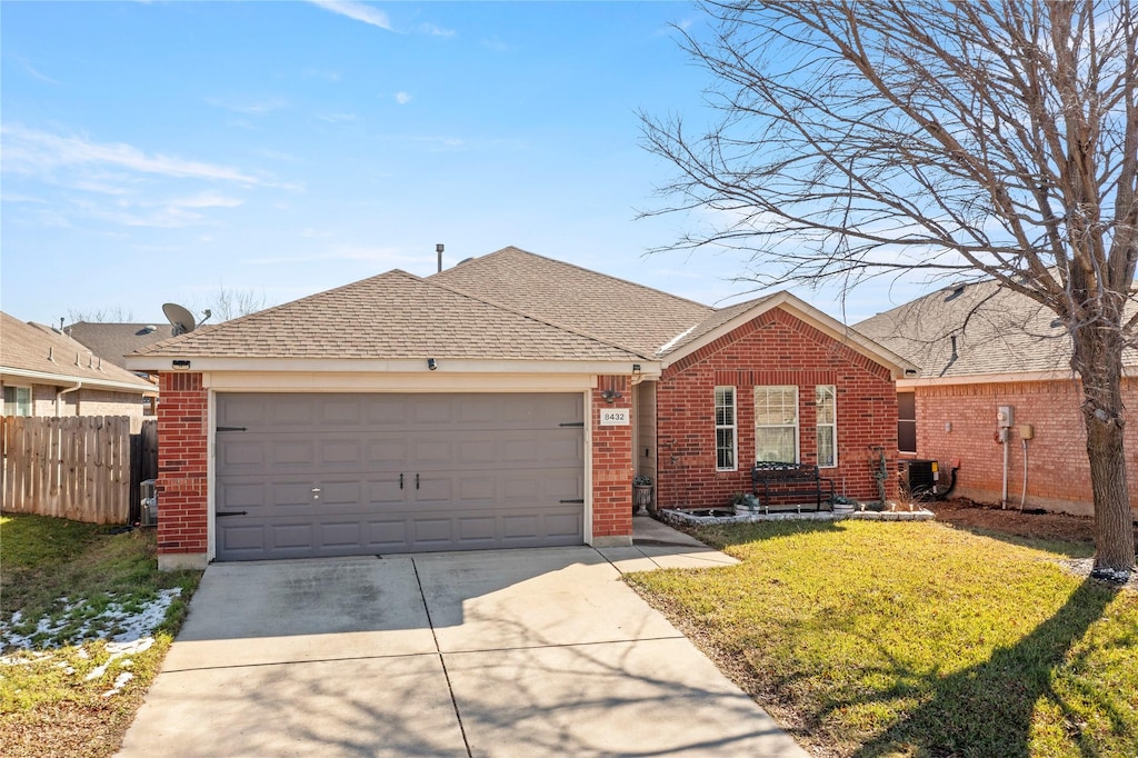 single story home featuring cooling unit, a front lawn, and a garage