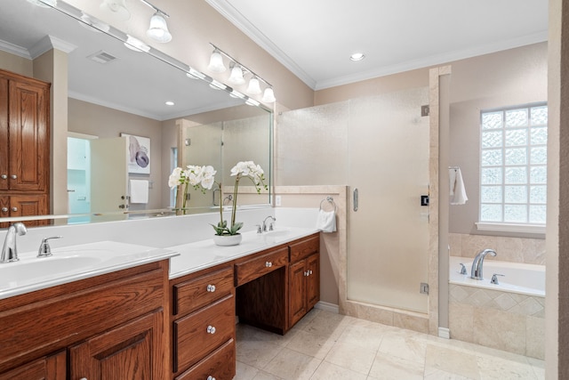 bathroom featuring tile patterned flooring, shower with separate bathtub, vanity, and ornamental molding