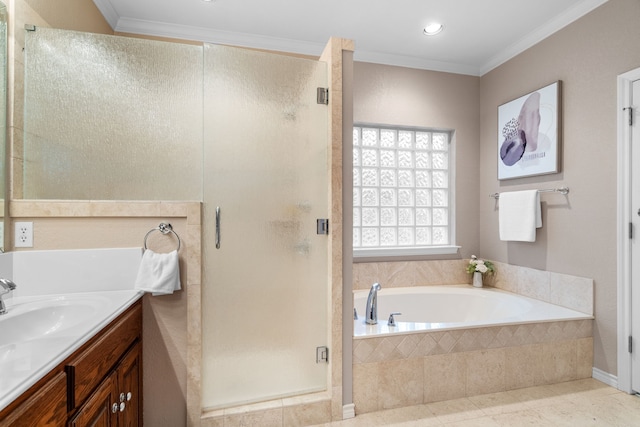 bathroom featuring vanity, separate shower and tub, and crown molding