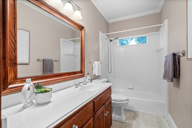 full bathroom featuring vanity, toilet, crown molding, and bathing tub / shower combination