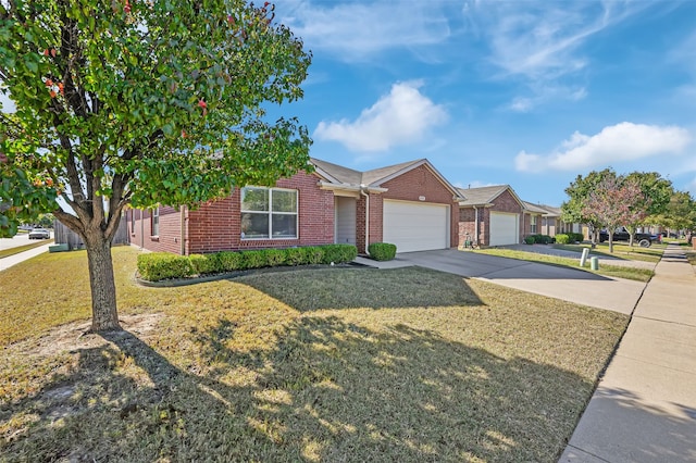 ranch-style home featuring a front yard and a garage